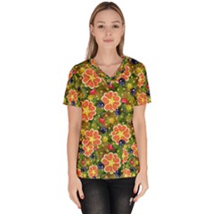 Fruits Star Blueberry Cherry Leaf Women s V-neck Scrub Top by Ravend