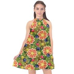 Fruits Star Blueberry Cherry Leaf Halter Neckline Chiffon Dress  by Ravend