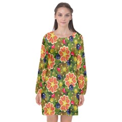 Fruits Star Blueberry Cherry Leaf Long Sleeve Chiffon Shift Dress  by Ravend