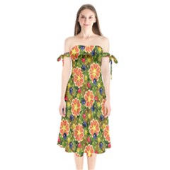 Fruits Star Blueberry Cherry Leaf Shoulder Tie Bardot Midi Dress by Ravend