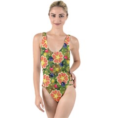 Fruits Star Blueberry Cherry Leaf High Leg Strappy Swimsuit by Ravend