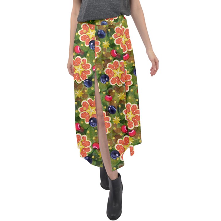 Fruits Star Blueberry Cherry Leaf Velour Split Maxi Skirt