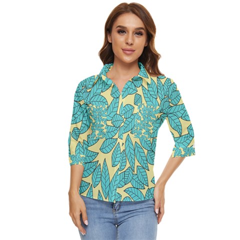 Illustration Sheets Dry Leaves Print Pattern Women s Quarter Sleeve Pocket Shirt by Ravend