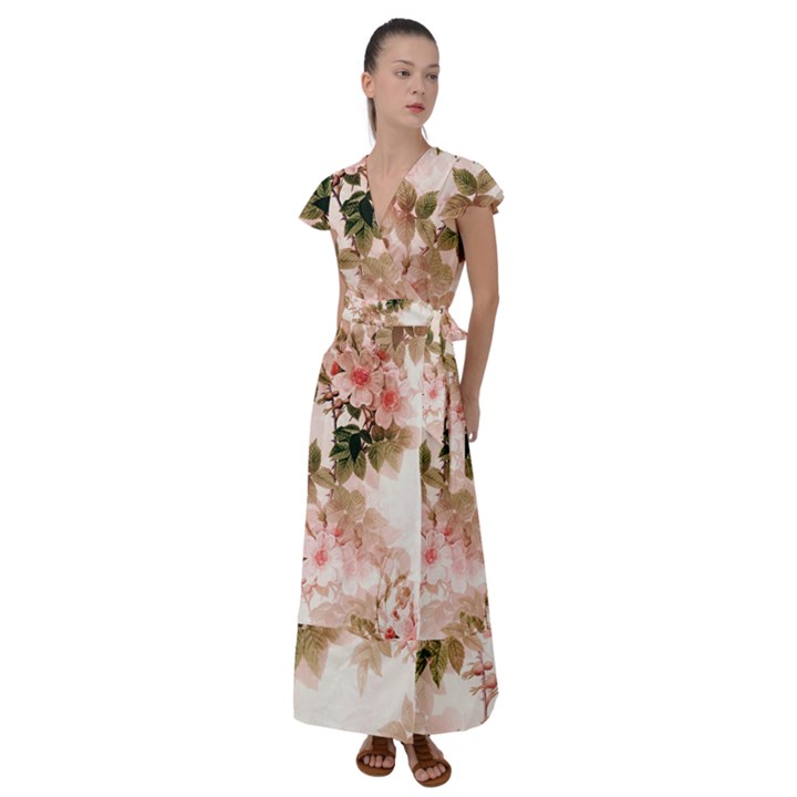 Flower Plant Vintage Retro Flutter Sleeve Maxi Dress