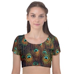 Peacock Feathers Velvet Short Sleeve Crop Top  by Ravend