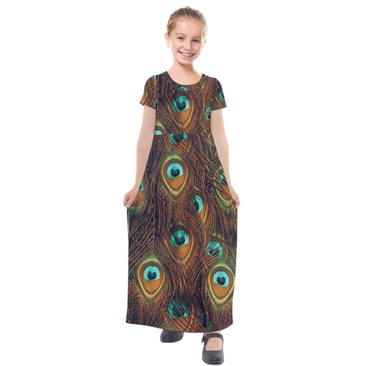 Peacock Feathers Kids  Short Sleeve Maxi Dress