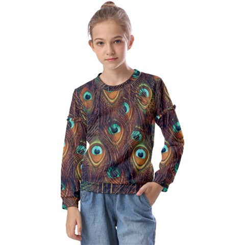 Peacock Feathers Kids  Long Sleeve Tee With Frill  by Ravend