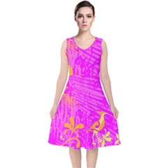 Spring Tropical Floral Palm Bird V-neck Midi Sleeveless Dress  by Ravend