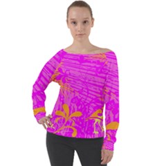 Spring Tropical Floral Palm Bird Off Shoulder Long Sleeve Velour Top by Ravend