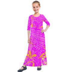 Spring Tropical Floral Palm Bird Kids  Quarter Sleeve Maxi Dress by Ravend