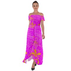 Spring Tropical Floral Palm Bird Off Shoulder Open Front Chiffon Dress by Ravend