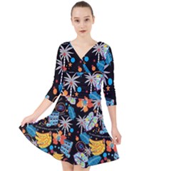 Design Print Pattern Colorful Quarter Sleeve Front Wrap Dress by Ravend