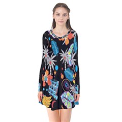 Design Print Pattern Colorful Long Sleeve V-neck Flare Dress by Ravend