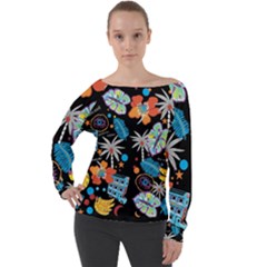 Design Print Pattern Colorful Off Shoulder Long Sleeve Velour Top by Ravend