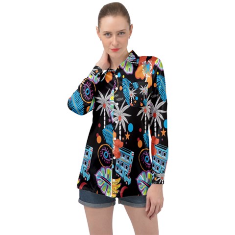 Design Print Pattern Colorful Long Sleeve Satin Shirt by Ravend