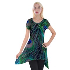 Beautiful Peacock Feathers Short Sleeve Side Drop Tunic by Ravend