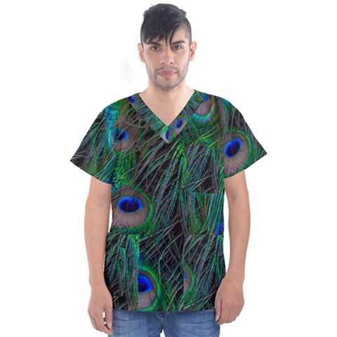 Beautiful Peacock Feathers Men s V-neck Scrub Top by Ravend