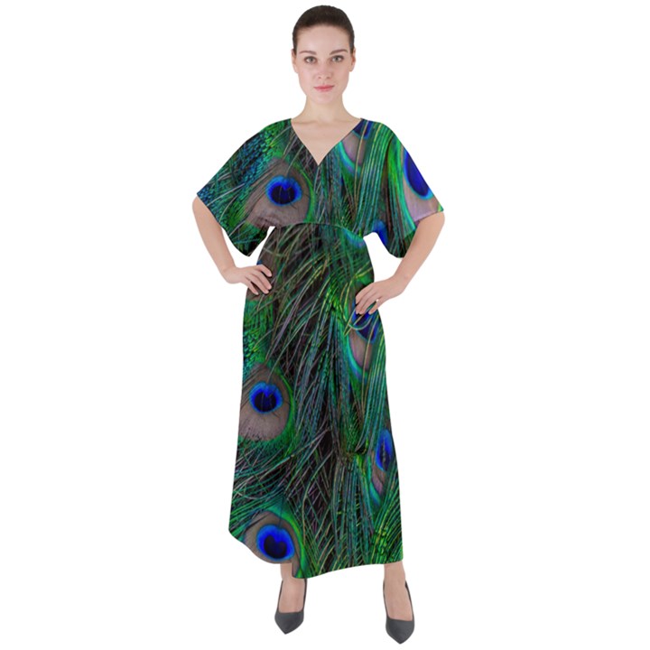 Beautiful Peacock Feathers V-Neck Boho Style Maxi Dress