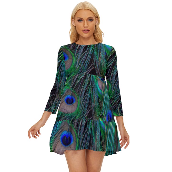 Beautiful Peacock Feathers Long Sleeve Babydoll Dress