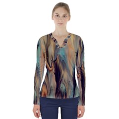 Abstract Painting In Colored Paints V-neck Long Sleeve Top by Ravend