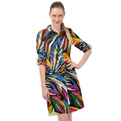 Tropical Monstera Pattern Leaf Long Sleeve Mini Shirt Dress by Ravend