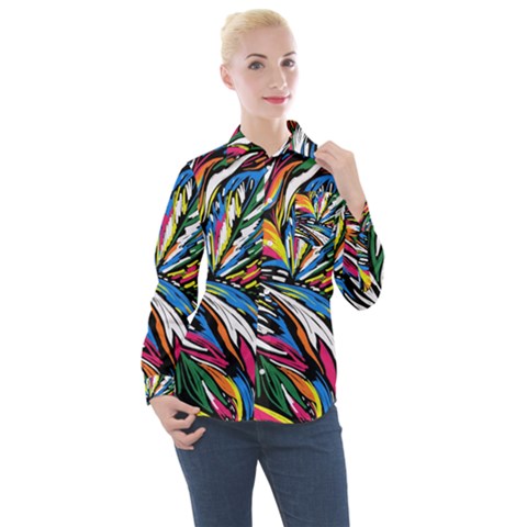 Tropical Monstera Pattern Leaf Women s Long Sleeve Pocket Shirt by Ravend