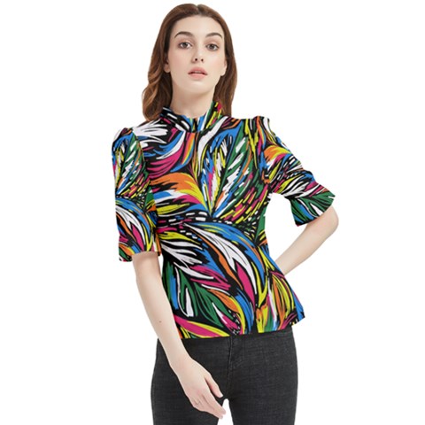 Tropical Monstera Pattern Leaf Frill Neck Blouse by Ravend