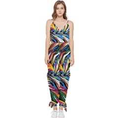 Tropical Monstera Pattern Leaf Sleeveless Tie Ankle Chiffon Jumpsuit by Ravend