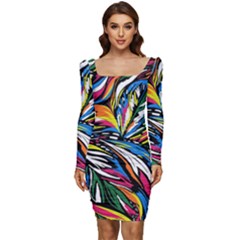 Tropical Monstera Pattern Leaf Women Long Sleeve Ruched Stretch Jersey Dress by Ravend