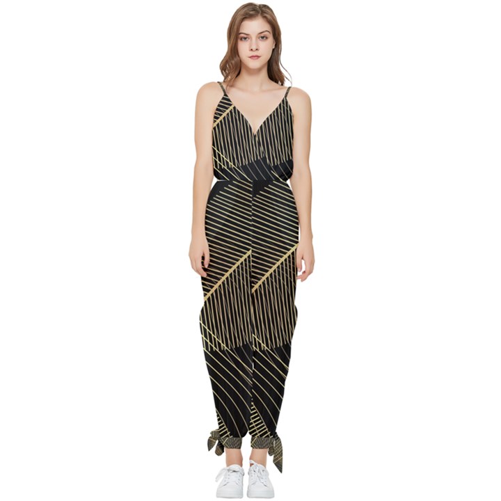 Leaves Nature Art Design Pattern Sleeveless Tie Ankle Chiffon Jumpsuit