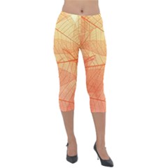 Orange Leaf Texture Pattern Lightweight Velour Capri Leggings  by Ravend