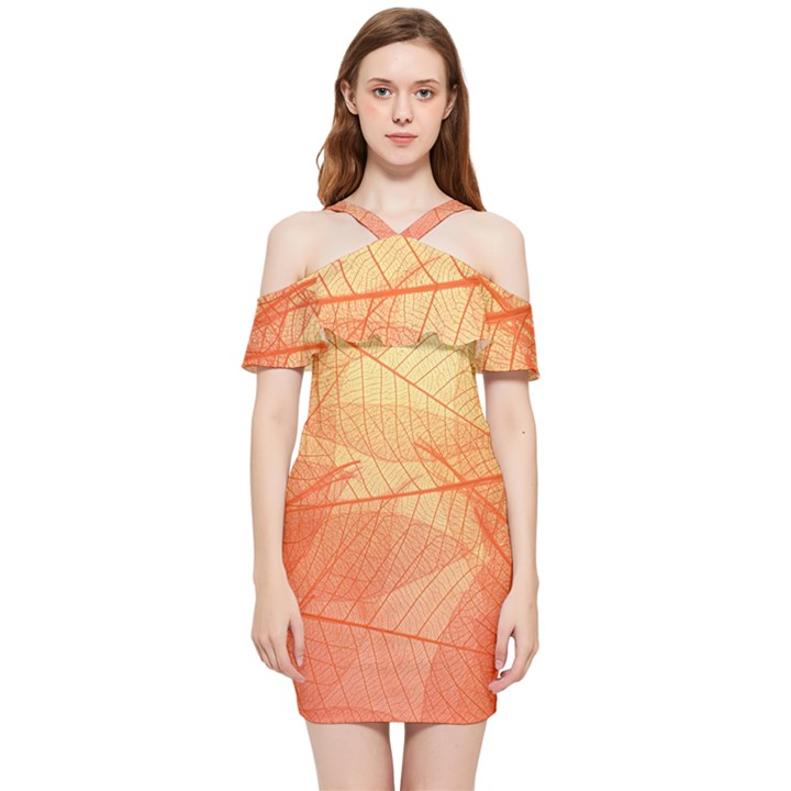 Orange Leaf Texture Pattern Shoulder Frill Bodycon Summer Dress