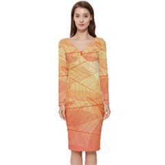 Orange Leaf Texture Pattern Long Sleeve V-neck Bodycon Dress  by Ravend