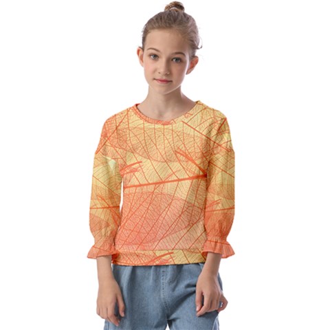 Orange Leaf Texture Pattern Kids  Cuff Sleeve Top by Ravend