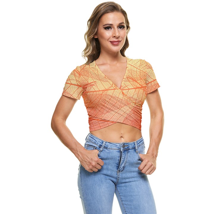 Orange Leaf Texture Pattern Short Sleeve Foldover Tee