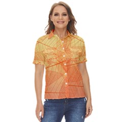 Orange Leaf Texture Pattern Women s Short Sleeve Double Pocket Shirt