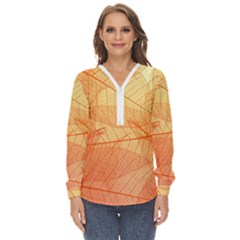 Orange Leaf Texture Pattern Zip Up Long Sleeve Blouse