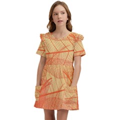 Orange Leaf Texture Pattern Kids  Frilly Sleeves Pocket Dress