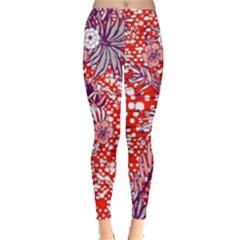 Leaf Red Point Flower White Leggings  by Ravend