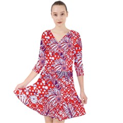 Leaf Red Point Flower White Quarter Sleeve Front Wrap Dress by Ravend