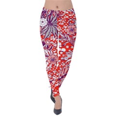 Leaf Red Point Flower White Velvet Leggings by Ravend