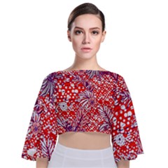 Leaf Red Point Flower White Tie Back Butterfly Sleeve Chiffon Top by Ravend