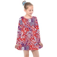 Leaf Red Point Flower White Kids  Long Sleeve Dress by Ravend