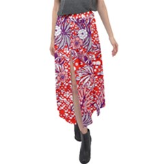 Leaf Red Point Flower White Velour Split Maxi Skirt by Ravend