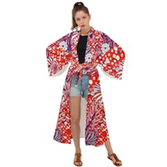 Leaf Red Point Flower White Maxi Kimono by Ravend