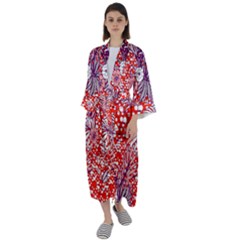 Leaf Red Point Flower White Maxi Satin Kimono by Ravend