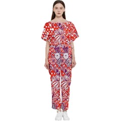 Leaf Red Point Flower White Batwing Lightweight Chiffon Jumpsuit by Ravend