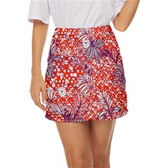 Leaf Red Point Flower White Mini Front Wrap Skirt by Ravend