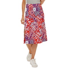 Leaf Red Point Flower White Midi Panel Skirt by Ravend