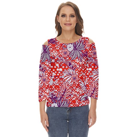 Leaf Red Point Flower White Cut Out Wide Sleeve Top by Ravend